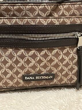 Dana Buchman Taupe and Dark Brown Jacquard Crossbody. Item # 11404